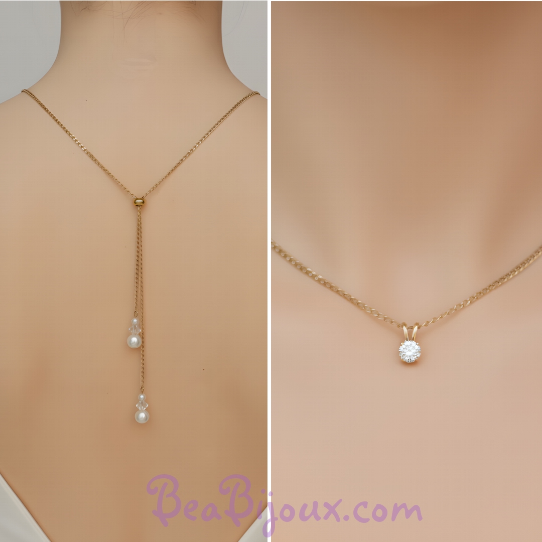 Collier de dos ajustable perle coulissante or fin et solitaire oxyde de zirconium CD6500.