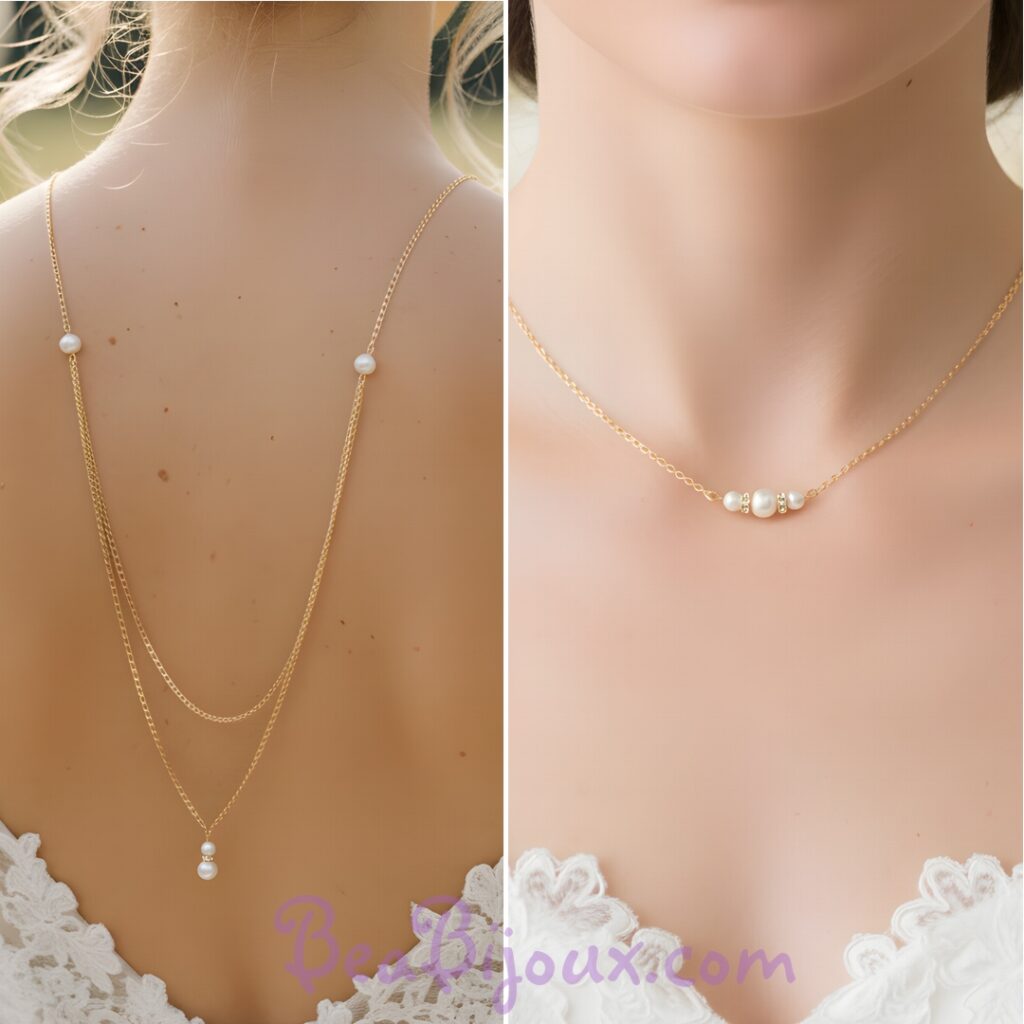Collier de dos intégral sans fermoir or fin 24 K strass et perles nacrées blanches CD6501