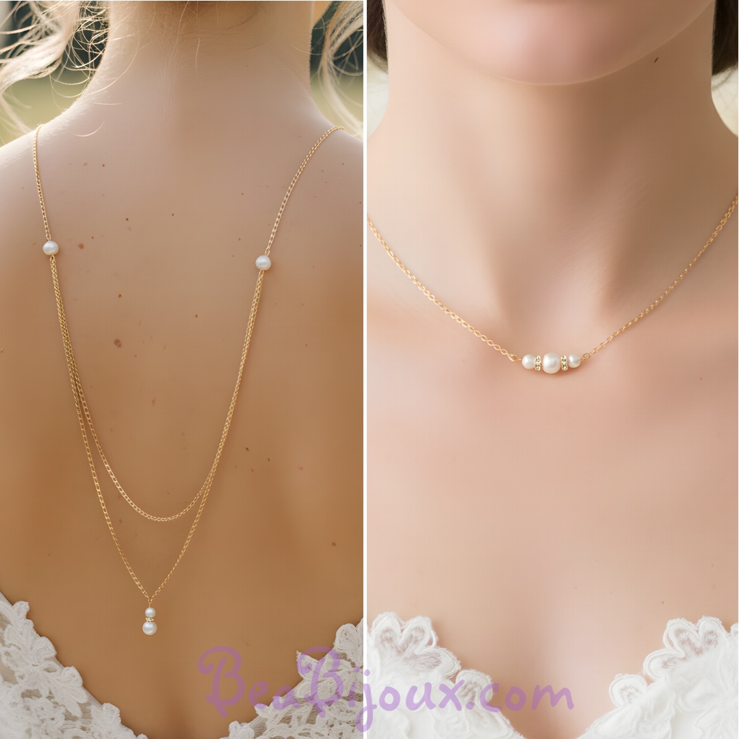 Collier de dos intégral sans fermoir or fin 24 K strass et perles nacrées blanches CD6501