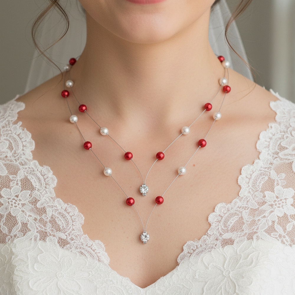 Collier CO1276A en pointe en perles nacrées blanches et rouges.