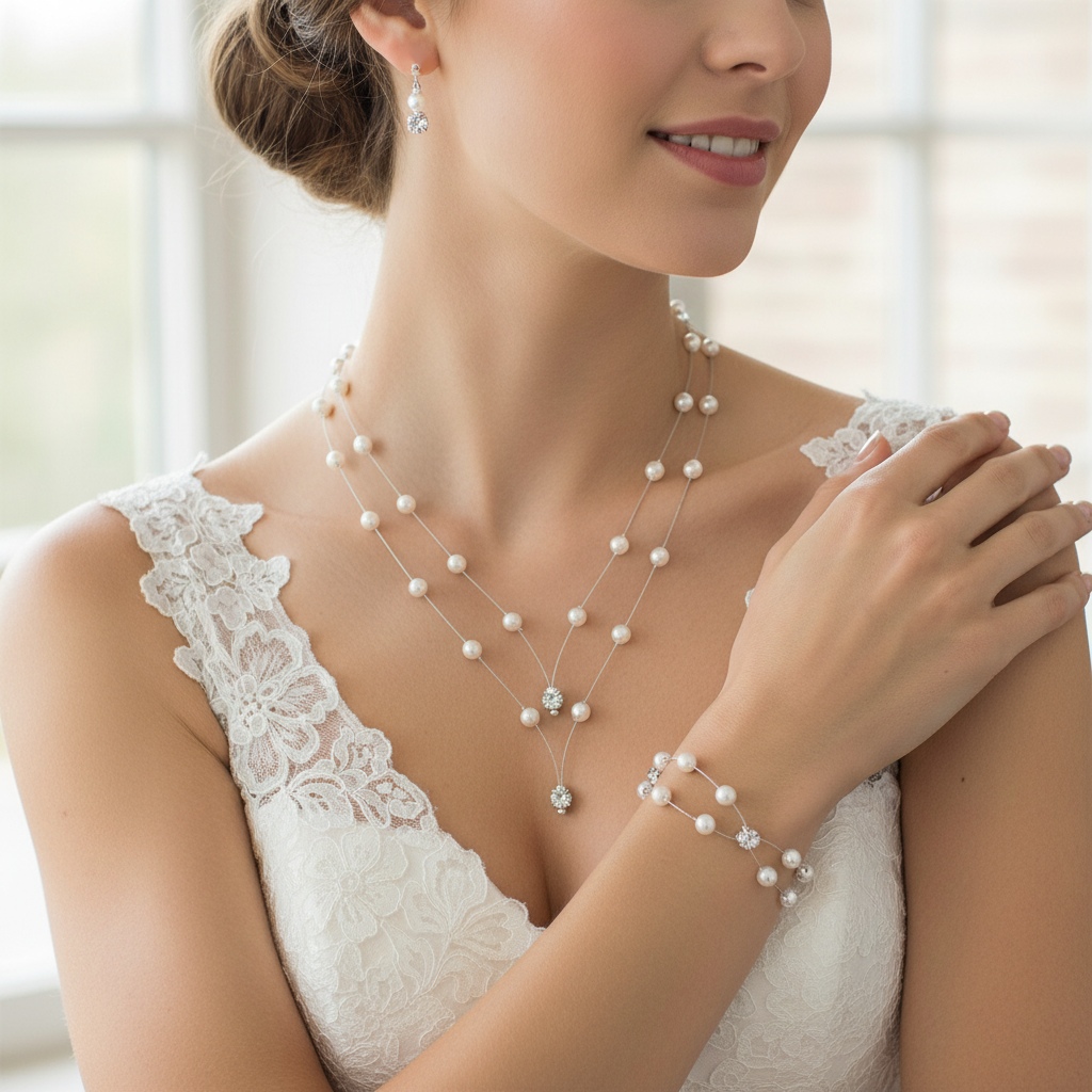 Parure complète de mariage PA1276A tout en blanc avec perles nacrées et strass sur fils câblés argentés.