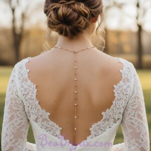 Bijou de dos de 20 cm sur chaine dorée et perles nacrées blanches