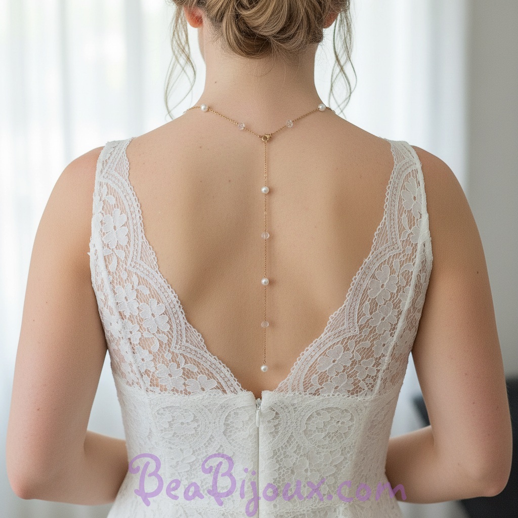 Bijoux de dos BD5008 en acier doré perles à facettes et nacrées. Assorti au collier