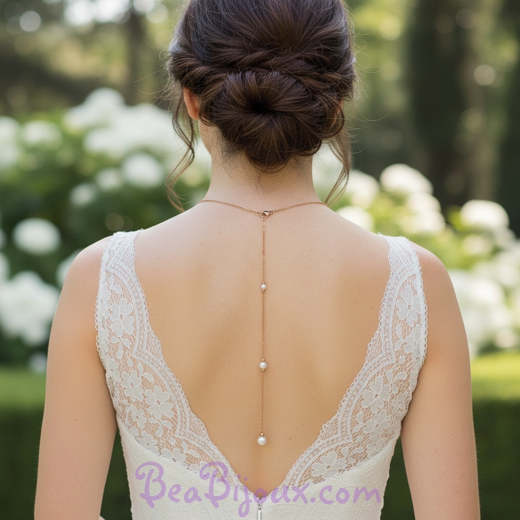 Bijou de dos en acier inoxydable doré et perles nacrées blanches BD5009