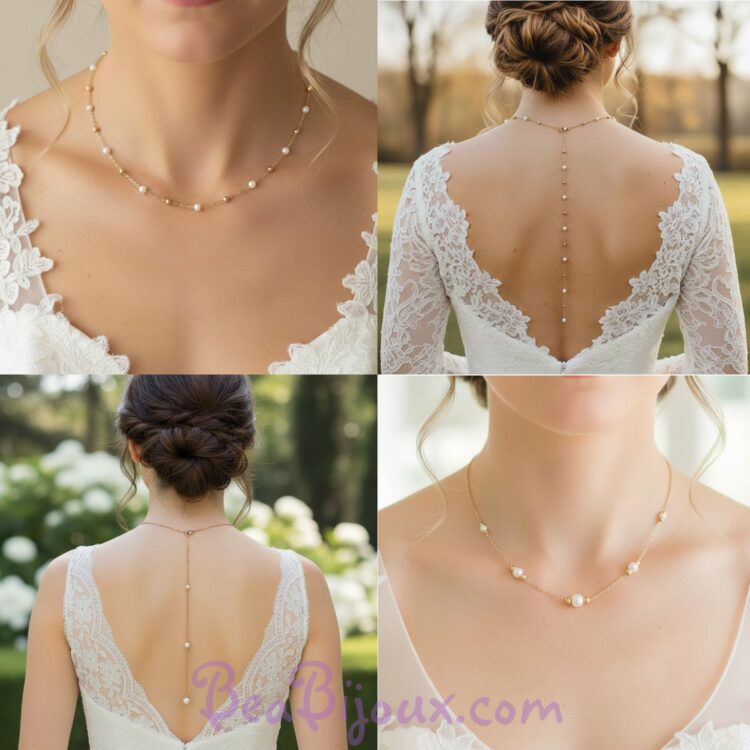 Sélection de 8 bijoux de dos et colliers de dos de mariée artisanaux en acier doré et perles nacrées.