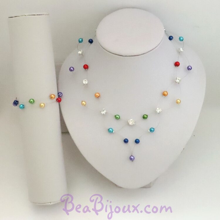 Parure de mariage arc-en-ciel avec collier CO1214A à fils croisés et bracelet multicolore BR1249A.