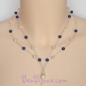 Collier de mariage CO1183Z à double rangée de fils câblés avec perles nacrées bleu marine et ivoire et une perle goutte centrale.