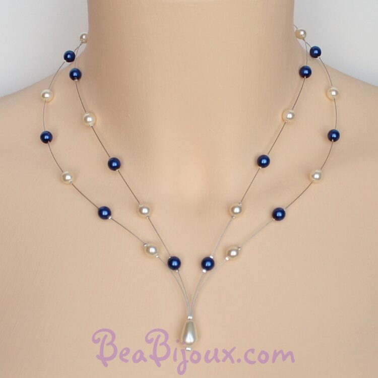 Collier de mariage CO1183Z à double rangée de fils câblés avec perles nacrées bleu marine et ivoire et une perle goutte centrale.