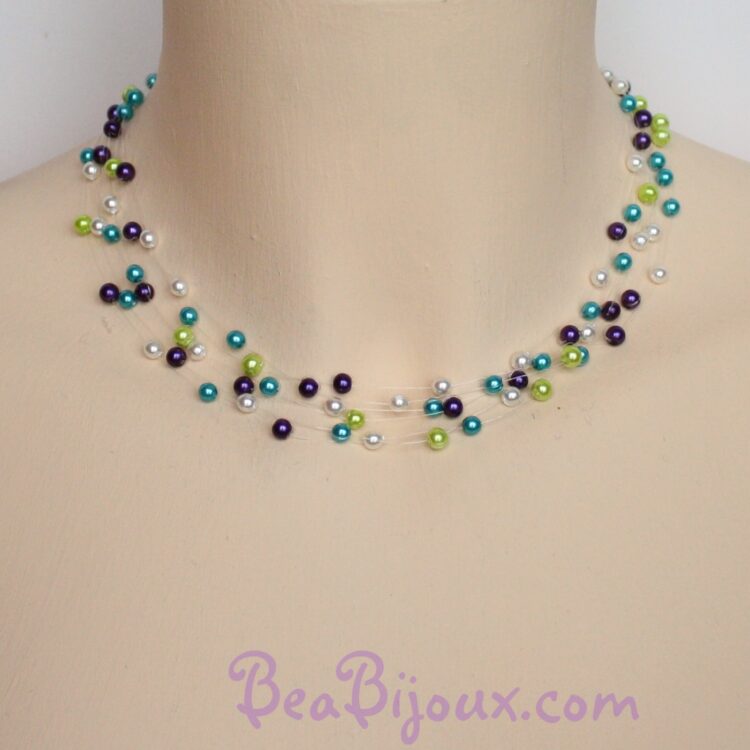 Collier de mariage CO4278A à 6 fils nylon avec perles nacrées ivoire, bleu turquoise, violettes et vert anis.