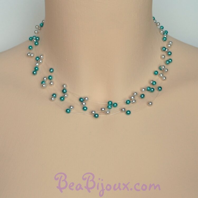 Collier de mariage CO4278A à 6 fils nylon avec perles nacrées turquoise et gris clair espacées.