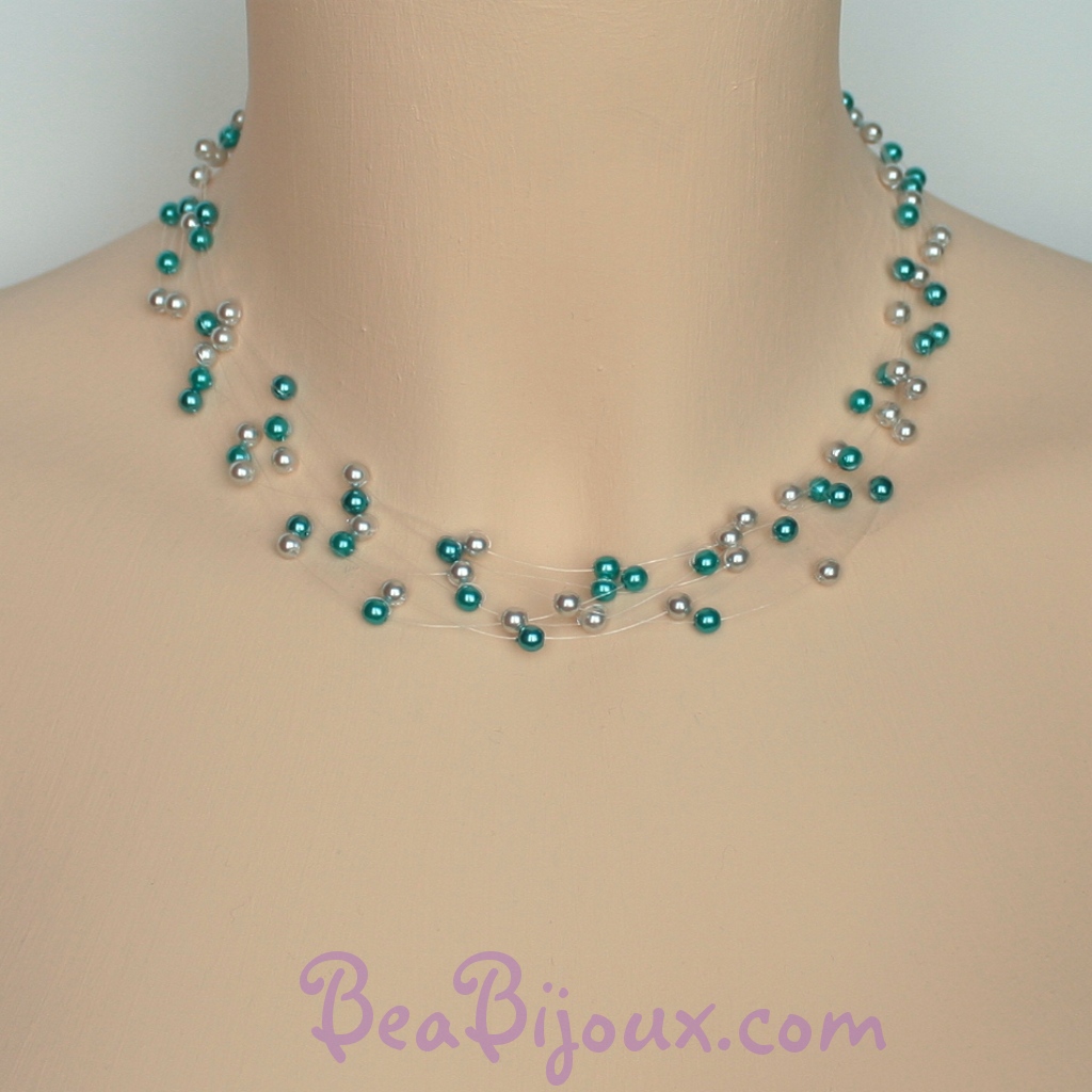 Collier de mariage CO4278A à 6 fils nylon avec perles nacrées turquoise et gris clair espacées.