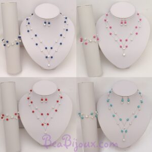 Montage de la parure de mariage PA1276A en 4 variantes de couleurs : turquoise, bleu royal, rouge et fuchsia.