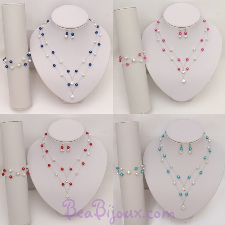 Montage de la parure de mariage PA1276A en 4 variantes de couleurs : turquoise, bleu royal, rouge et fuchsia.