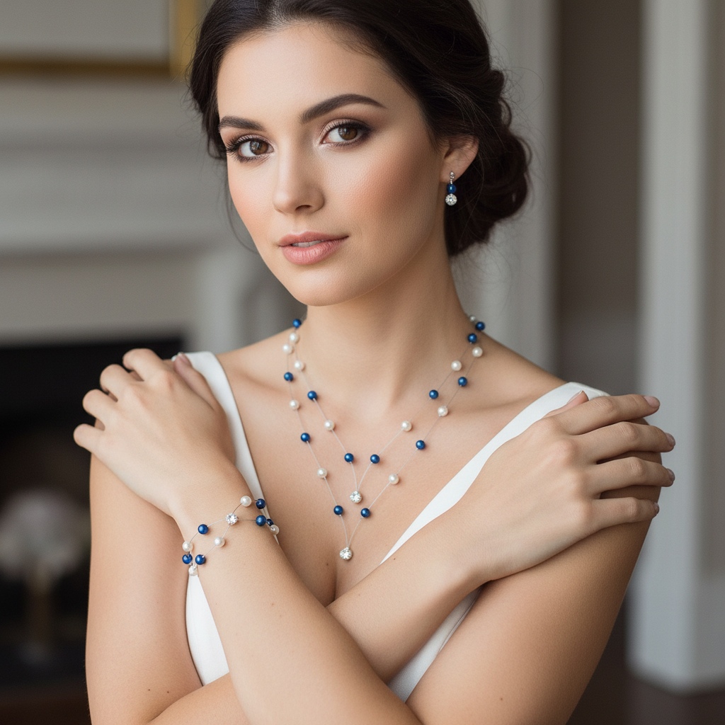 Parure complète de mariée PA1276A avec perles nacrées bleu royal et blanches, collier double rang en pointe et strass.