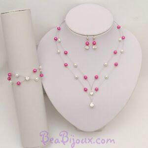Parure complète de mariage PA1276A avec perles nacrées fuchsia et blanches, collier double rang en pointe et strass.