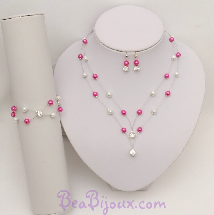 Parure complète de mariage PA1276A avec perles nacrées fuchsia et blanches, collier double rang en pointe et strass.