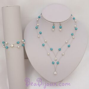 Parure de mariage PA1276A comprenant collier double rang en pointe, bracelet et boucles d'oreilles en perles turquoise, ivoire et strass.