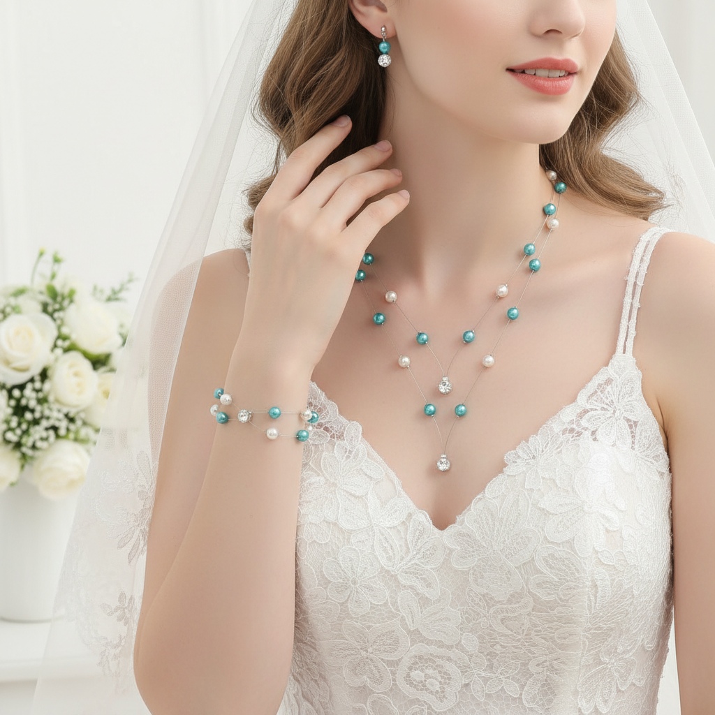 Parure de mariage PA1276A comprenant collier double rang en pointe, bracelet et boucles d'oreilles en perles ivoire, turquoise et strass.