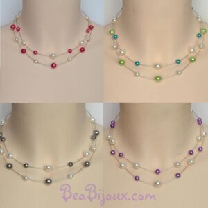 Mosaïque de photos présentant le collier de mariage CO1168A en plusieurs coloris : fuchsia, turquoise, chocolat, violet et vert.