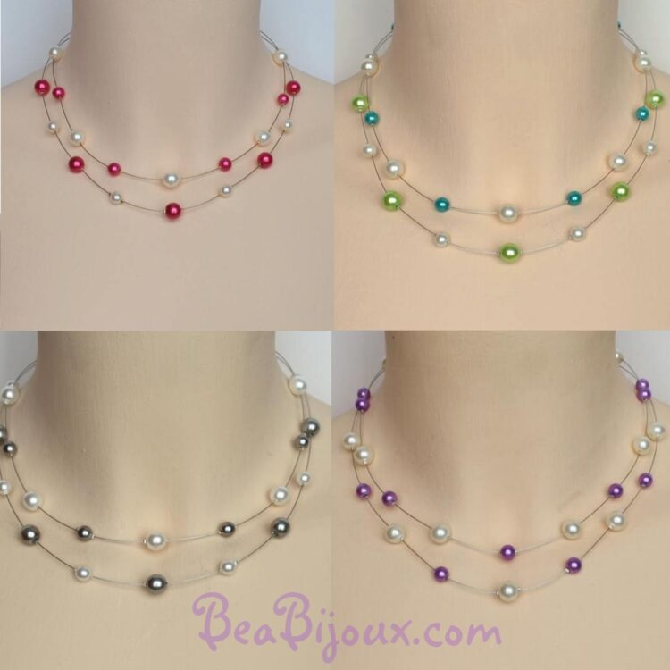 Mosaïque de photos présentant le collier de mariage CO1168A en plusieurs coloris : fuchsia, turquoise, chocolat, violet et vert.