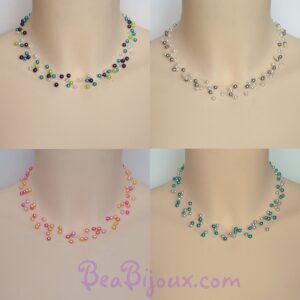 Mosaïque de quatre variantes du collier CO4278A montrant des mélanges de couleurs turquoise, violet, gris, orange et rose.