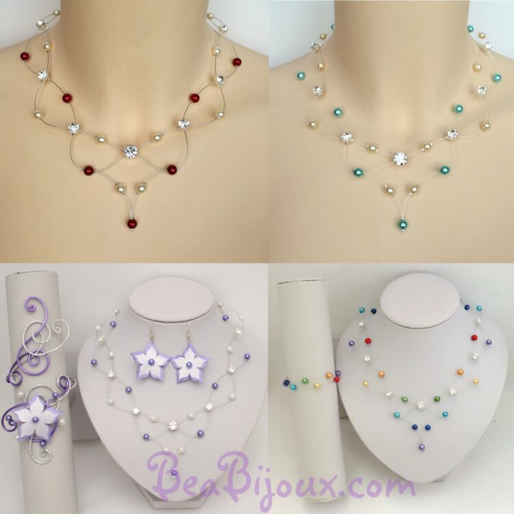 Mosaïque présentant quatre variantes du collier de mariage CO1214A : rouge et ivoire, turquoise, arc-en-ciel et parme.