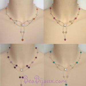 Mosaïque de quatre variantes du collier CO1226A montrant les mélanges turquoise, violet, rose et pêche.