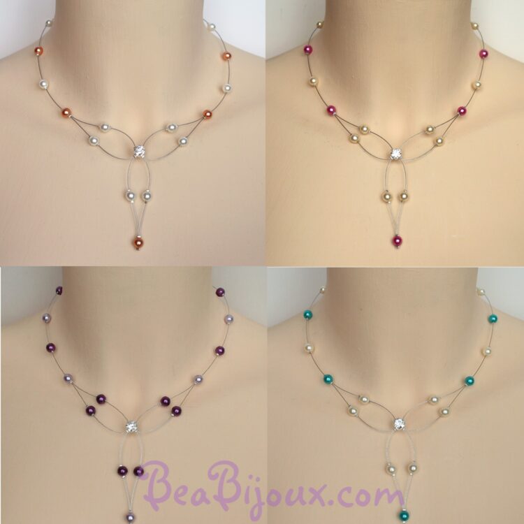 Mosaïque de quatre variantes du collier CO1226A montrant les mélanges turquoise, violet, rose et pêche.