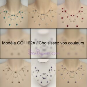 Montage de 6 variantes de couleurs pour le collier de mariage CO1162A : turquoise, violet, gris, parme, rouge et brun.