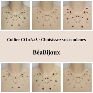 Montage de 6 variantes de couleurs pour le collier de mariage CO1162A : turquoise, violet, gris, parme, rouge et brun.