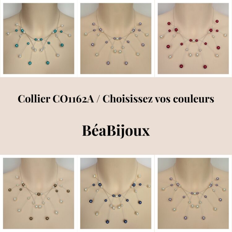 Montage de 6 variantes de couleurs pour le collier de mariage CO1162A : turquoise, violet, gris, parme, rouge et brun.