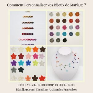 Montage photo personnalisation bijoux mariage : nuancier perles nacrées, fleurs soie et aluminium martelé BéaBijoux.