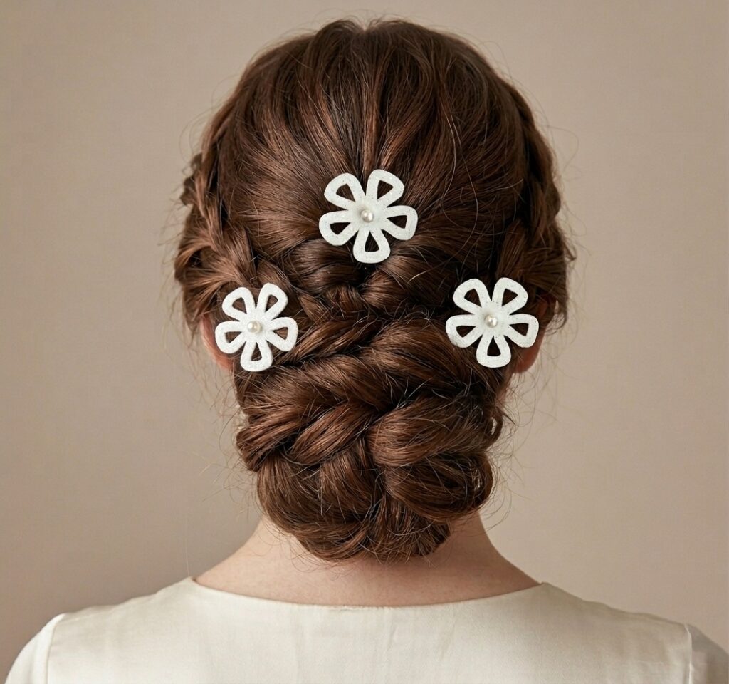Accessoires cheveux mariage fleurs blanches pailletées EP366 sur chignon flou.
