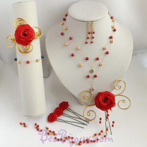 Parure complète mariage thème La Belle et la Bête bijoux rouge et or