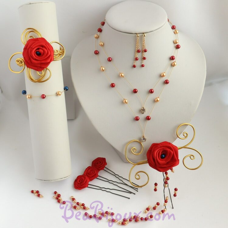 Parure complète mariage thème La Belle et la Bête bijoux rouge et or