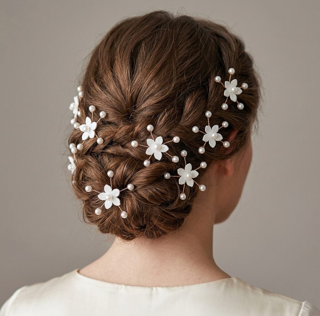 Coiffure mariage avec 3 épingles fleurs blanches pailletées et branches perlées EP364.