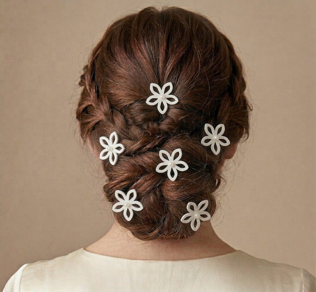 Idée coiffure mariage avec épingles fleurs blanches pailletées design graphique EP365.