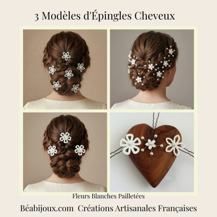 Collection d'accessoires de coiffure mariage Béabijoux : 3 modèles d'épingles fleurs blanches pailletées et branches perlées.