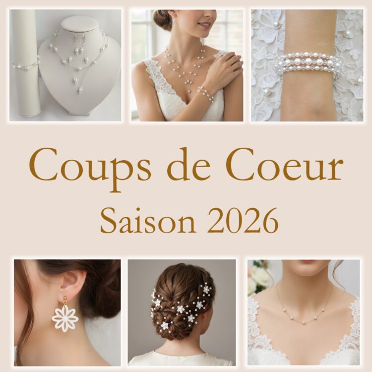 Montage photo de bijoux de mariage artisanaux coups de cœur 2026 : parures, colliers et accessoires cheveux en perles.