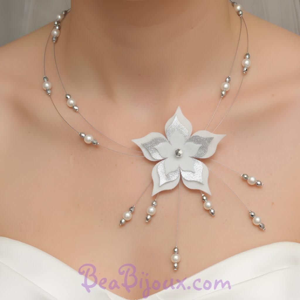 Collier mariage fleur blanc argent porté sur mariée