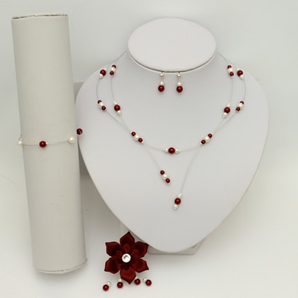 Parure mariage ivoire bordeaux sans cristal avec broche fleur satin