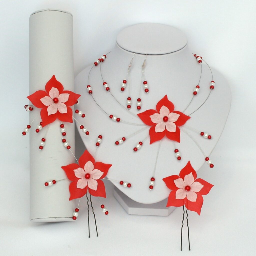 Parure mariage rouge et blanc personnalisée fleurs soie