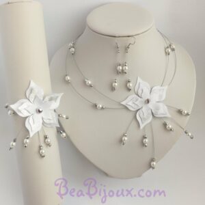 Parure mariage fleur satin blanc et argent PA1270A