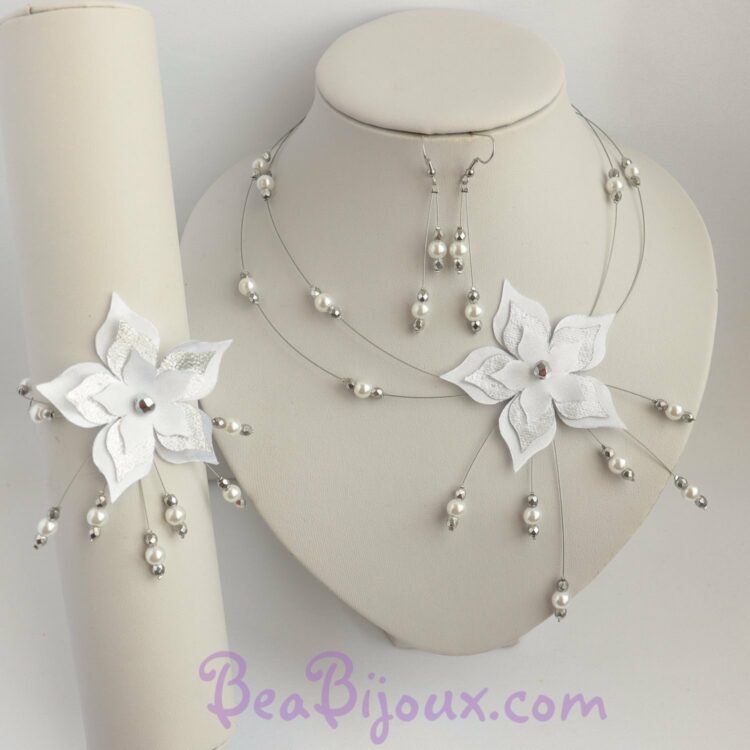 Parure mariage fleur satin blanc et argent PA1270A