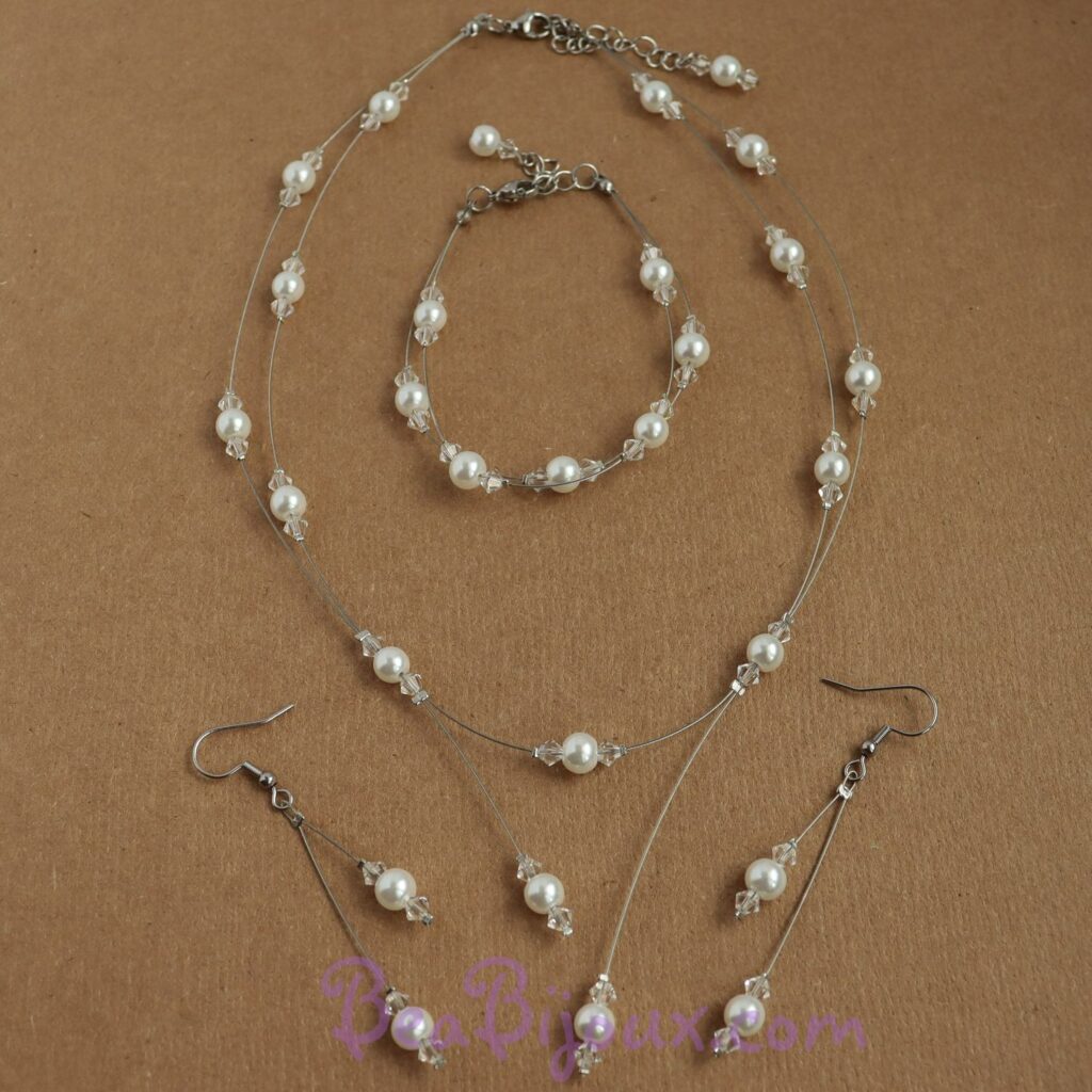 Ensemble bijoux mariage fil câblé argenté perles cristal à plat