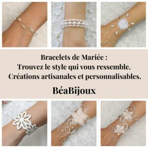 Montage photo de 6 bracelets de mariée artisanaux et personnalisables par BéaBijoux (perles, soie, cuir, aluminium).