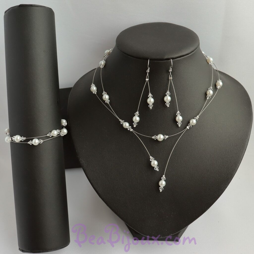 Bijoux mariage perles blanches cristal contraste buste noir